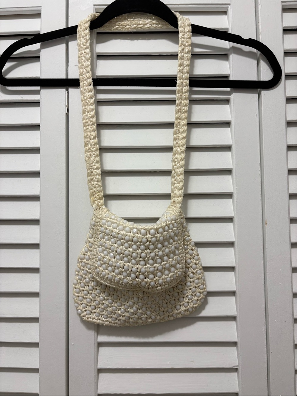 Cream Beaded Crochet Crossbody Bag - Women